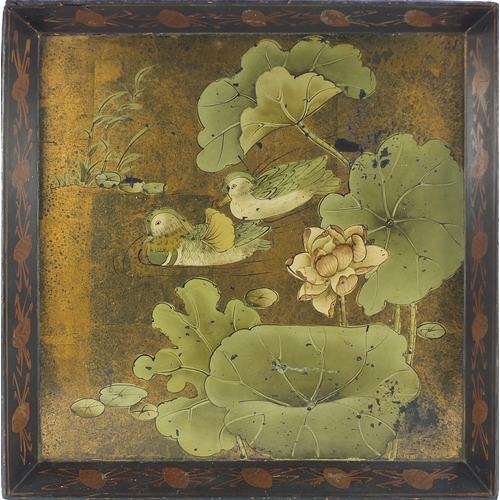 2455 - Chinese lacquered wall hanging hand painted with ducklings and lily pads, 54cm x 54cm