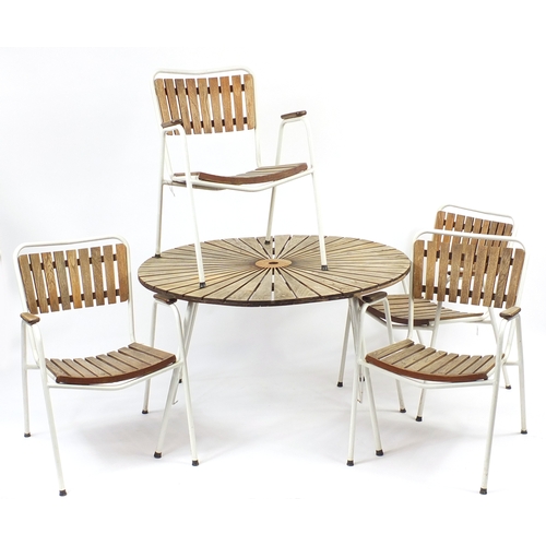 2029 - Vintage Danish teak sunburst design folding table and four chairs by Daneline, the table 67cm high x... 