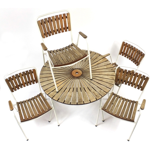 2029 - Vintage Danish teak sunburst design folding table and four chairs by Daneline, the table 67cm high x... 