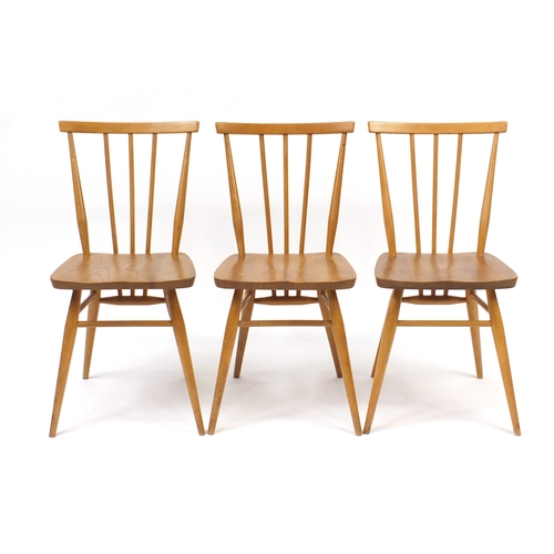 2045 - Set of three Ercol Windsor light elm stick back chairs, model 391, each 78cm high