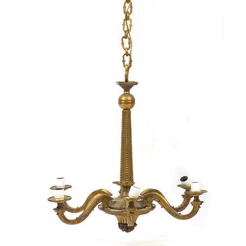 2130 - French Empire style gilt bronze/brass six branch chandelier, 75cm high excluding the chain