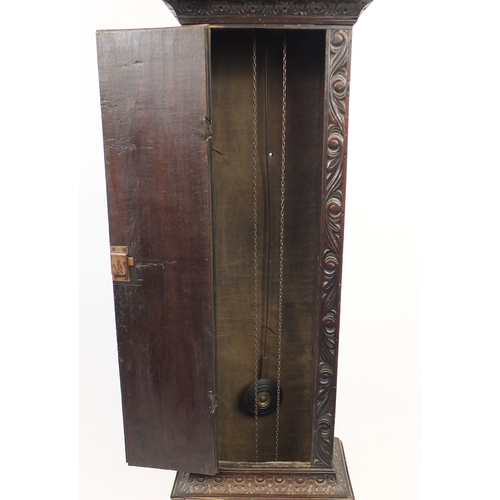 2015 - Antique carved oak long case clock, the brass dial inscribed Joseph Cooper Malpas, 210cm high