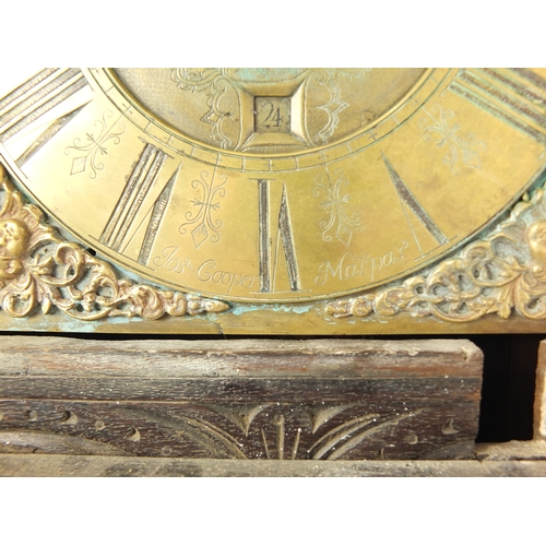 2015 - Antique carved oak long case clock, the brass dial inscribed Joseph Cooper Malpas, 210cm high