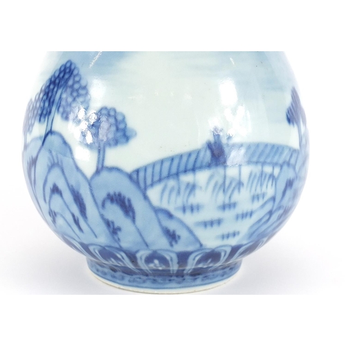 2378 - Chinese blue and white porcelain garlic neck vase, hand painted with a river landscape, six figure c... 