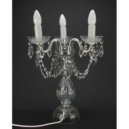 2210 - Cut glass three branch table lamp with cut glass drops, 51.5cm high