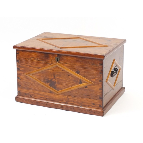 79 - Large pine work box with hinged lid and lift out tray, housing a large selection of sewing equipment... 