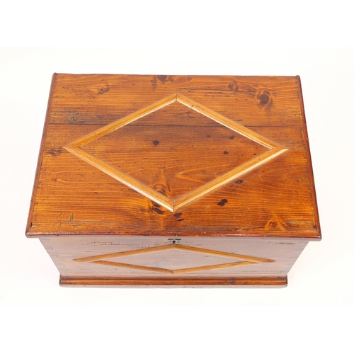 79 - Large pine work box with hinged lid and lift out tray, housing a large selection of sewing equipment... 