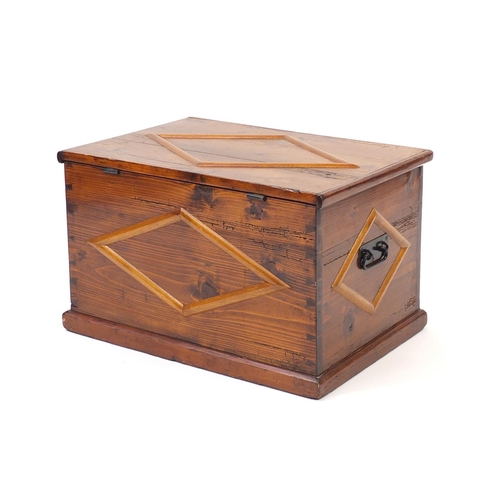 79 - Large pine work box with hinged lid and lift out tray, housing a large selection of sewing equipment... 