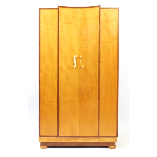33 - Art Deco satin wood two door compactum  wardrobe, 185cm H x 107cm W x 58cm D