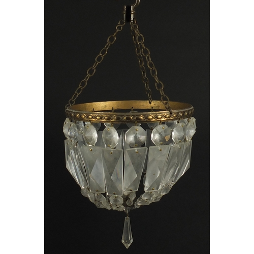 2134 - Two brass bag chandeliers with cut glass drops, the largest 25cm high x 20cm in diameter