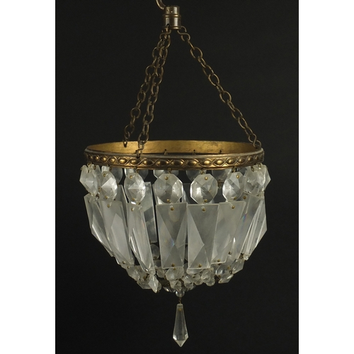 2134 - Two brass bag chandeliers with cut glass drops, the largest 25cm high x 20cm in diameter