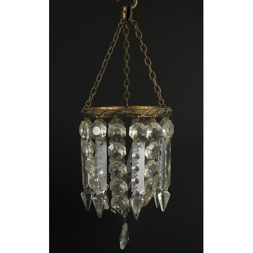 2137 - Pair of brass bag chandeliers with cut glass lustre drops, each 35cm high x 13cm in diameter