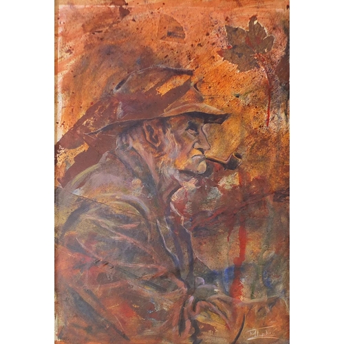 60 - M Topham - Fisherman smoking a pipe, mixed media and collage on board, framed, 69cm x 46cm