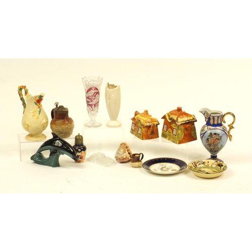 668 - China including a Clarice Cliff Newport jug, Poole pottery dolphin, Price Kensington Cottage Ware, c... 