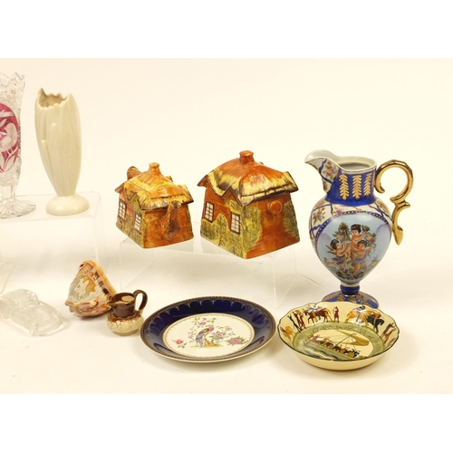 668 - China including a Clarice Cliff Newport jug, Poole pottery dolphin, Price Kensington Cottage Ware, c... 