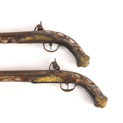 1118 - Pair of flintlock antique style pistols with mother of pearl inlay, 42cm in length