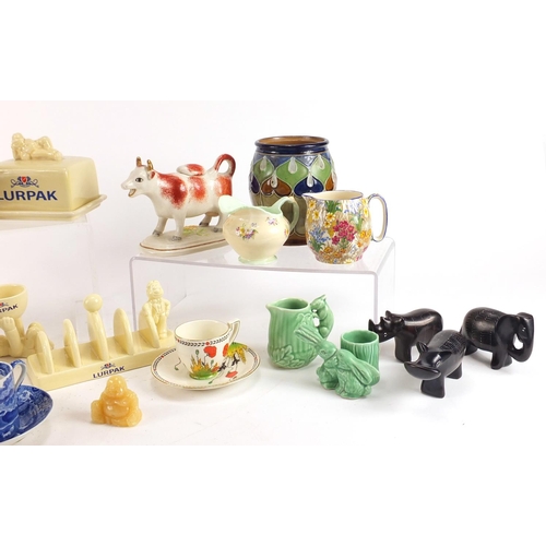 670 - China including Lurpack advertising items, a Staffordshire style cow creamer, Royal Doulton stonewar... 