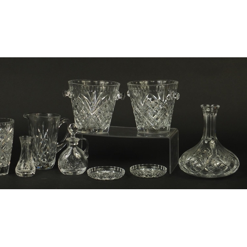 665 - Cut crystal and glassware including a pair of ice buckets, an Edinburgh decanter and glasses