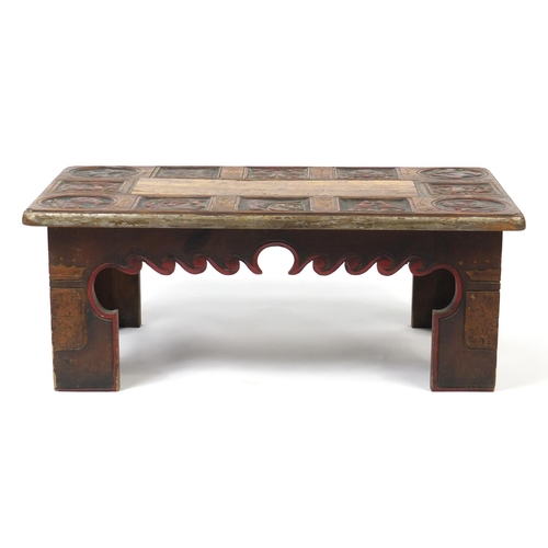 50 - African coffee table carved with figures and animals, with marble insert, 35cm H x 90cm W x 50cm D