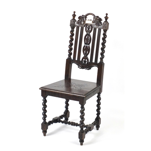 83 - Carved oak barley twist hall chair, with brass plaque engraved Merthyr Vale Male Voice Party Pennycr... 