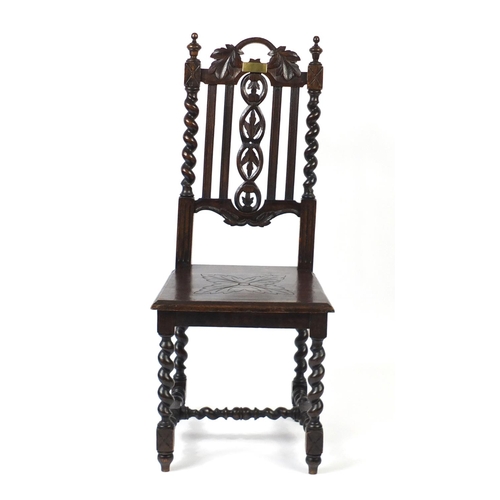 83 - Carved oak barley twist hall chair, with brass plaque engraved Merthyr Vale Male Voice Party Pennycr... 