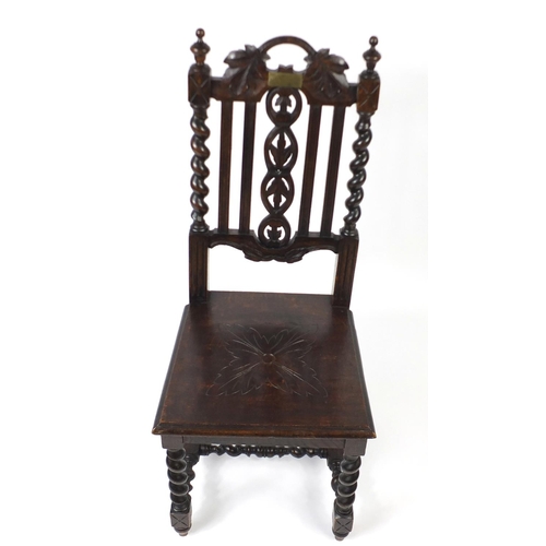 83 - Carved oak barley twist hall chair, with brass plaque engraved Merthyr Vale Male Voice Party Pennycr... 