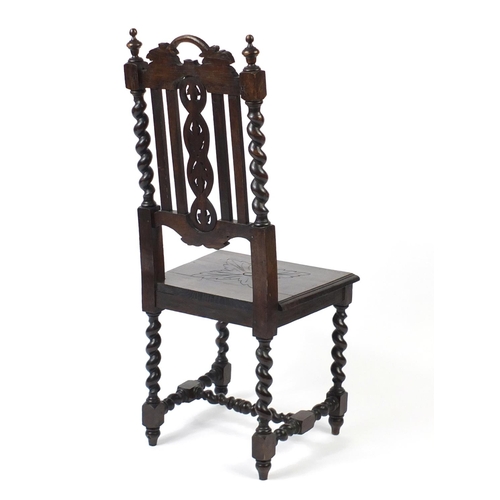 83 - Carved oak barley twist hall chair, with brass plaque engraved Merthyr Vale Male Voice Party Pennycr... 