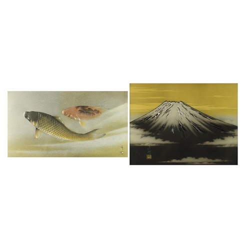 55 - Two Japanese enamelled silver coloured metal plaques depicting Mount Fuji and Koi Carp, each mounted... 