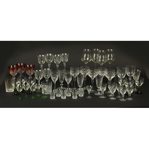 666 - Cut glassware and crystal including a set of six acid etched with grapevines and a set of six Victor... 