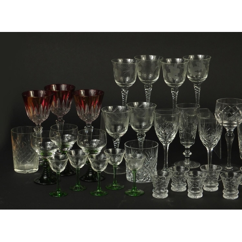 666 - Cut glassware and crystal including a set of six acid etched with grapevines and a set of six Victor... 