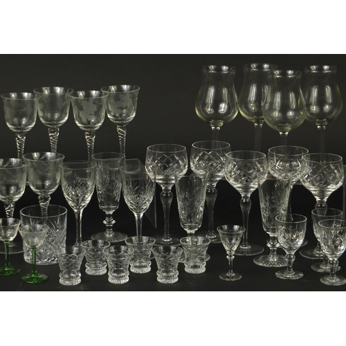 666 - Cut glassware and crystal including a set of six acid etched with grapevines and a set of six Victor... 