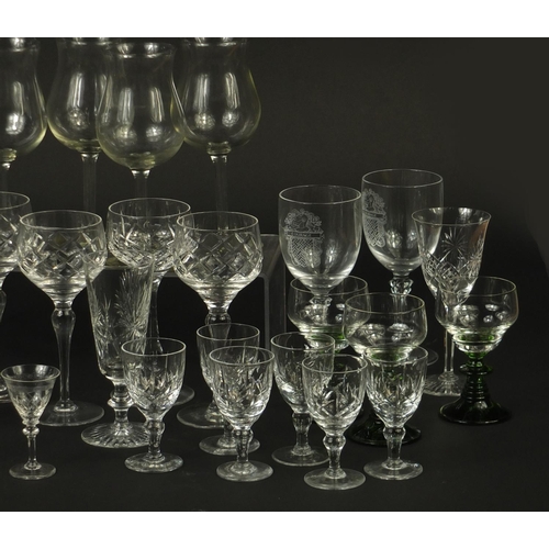 666 - Cut glassware and crystal including a set of six acid etched with grapevines and a set of six Victor... 