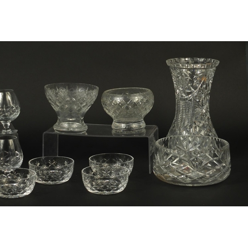 669 - Cut crystal and glassware including  a large vase, fruit bowl and two sets of six glasses, the large... 