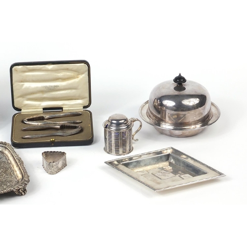 626 - Silver plate including a Canadian dish by Maurice Carmichael, a muffin dish and two rectangular tray... 