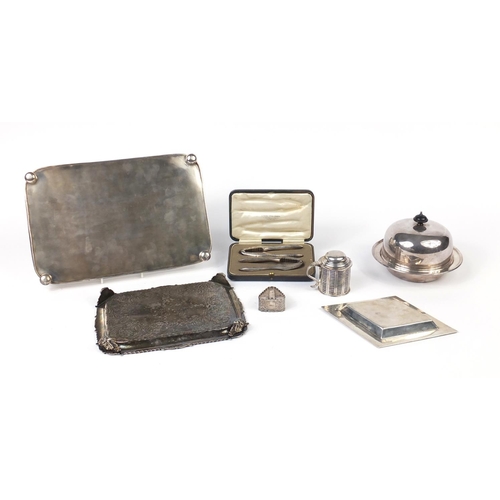 626 - Silver plate including a Canadian dish by Maurice Carmichael, a muffin dish and two rectangular tray... 