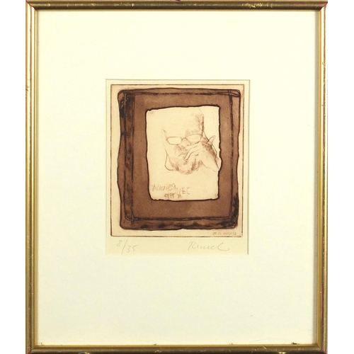 28 - Runec - engraving in colours, pencil signed and numbered 835, mounted and framed, 16cm x 13cm
