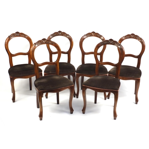 9 - Set of six spoon back dining chairs with stuff over seats, 98cm high