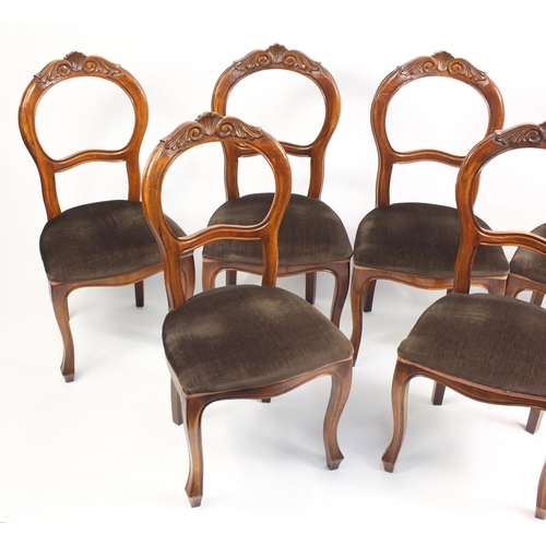 9 - Set of six spoon back dining chairs with stuff over seats, 98cm high