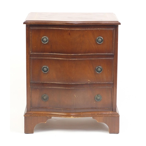 45 - Inlaid mahogany three drawer chest with serpentine front, 60cm H x 50cm W x 36cm D