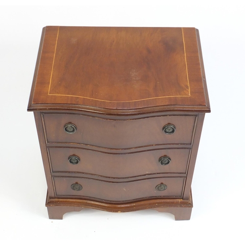 45 - Inlaid mahogany three drawer chest with serpentine front, 60cm H x 50cm W x 36cm D