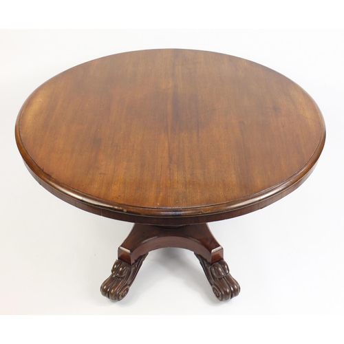 8 - Victorian mahogany tilt top loo table with scroll feet, 72cm high x 120cm in diameter