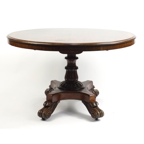 8 - Victorian mahogany tilt top loo table with scroll feet, 72cm high x 120cm in diameter
