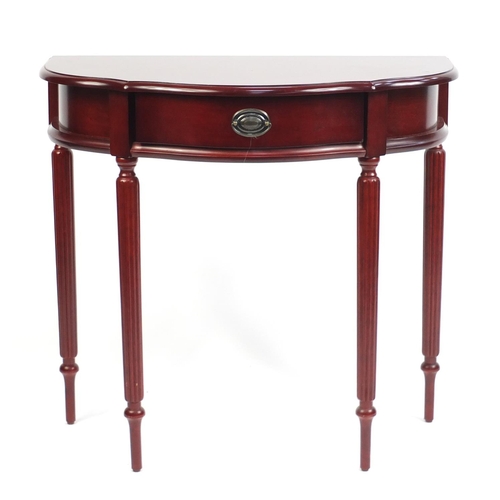 91 - Mahogany effect hall table with serpentine front and frieze drawer, 76cm h x 80cm W x 40cm D