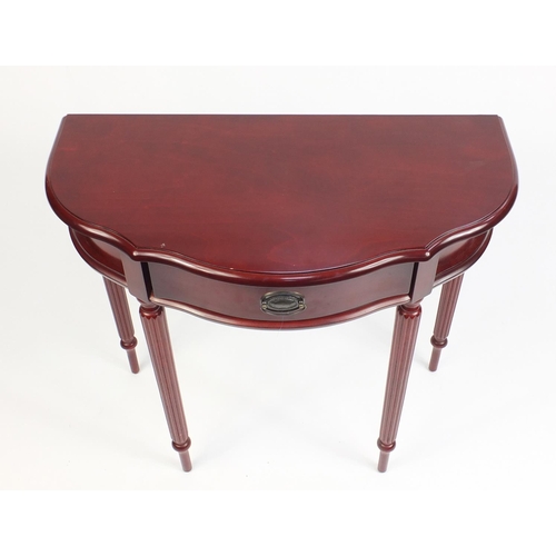 91 - Mahogany effect hall table with serpentine front and frieze drawer, 76cm h x 80cm W x 40cm D