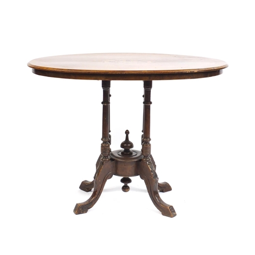 4 - Victorian inlaid walnut occasional table with four column support, 68cm H x 90cm W x 53cm D