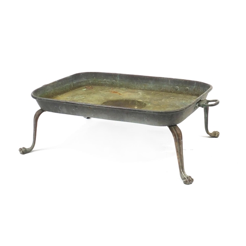 73 - 1930's brass fire pite with paw feet, 30cm H x 80cm W x 57cm D