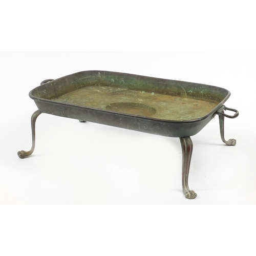 73 - 1930's brass fire pite with paw feet, 30cm H x 80cm W x 57cm D