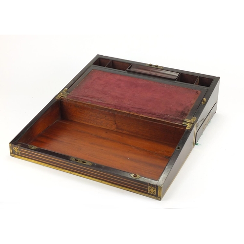10 - Victorian inlaid rose wood writing slope with brass mounts and handles, 45cm in length