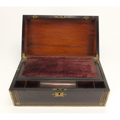 10 - Victorian inlaid rose wood writing slope with brass mounts and handles, 45cm in length