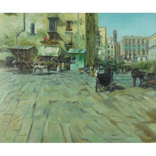 86 - Continental market, oil on canvas, bearing a signature Ross, framed, 60cm x 50cm